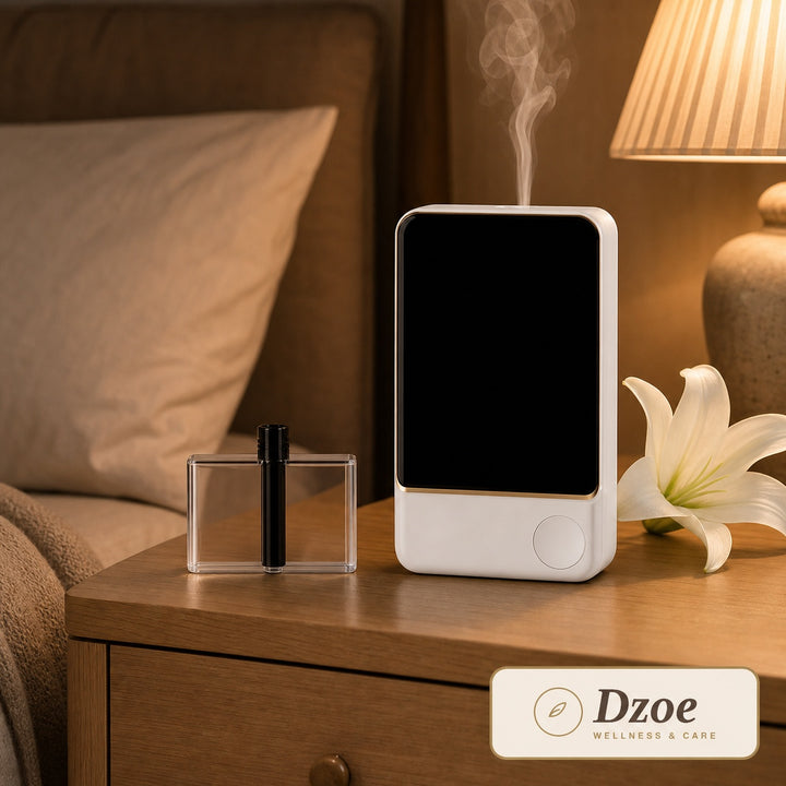 Dzoe Bloom aromatherapy diffuser, bedside lifestyle scene with fragrant steam