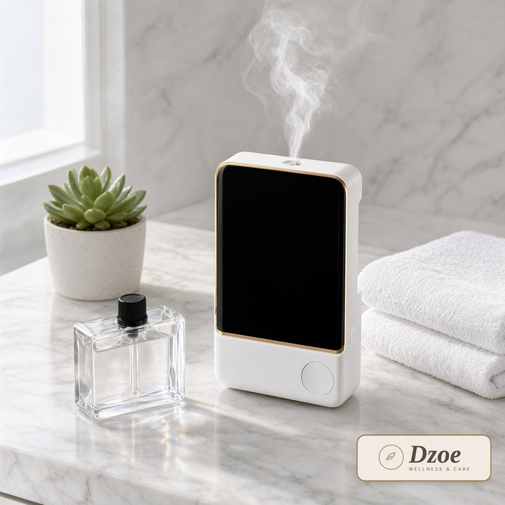 Dzoe Bloom aromatherapy diffuser, bathroom counter lifestyle scene