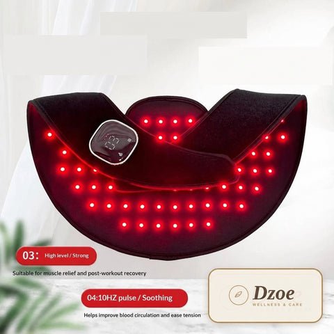 Dzoe Restore red light therapy shoulder wrap, honest muscle recovery messaging